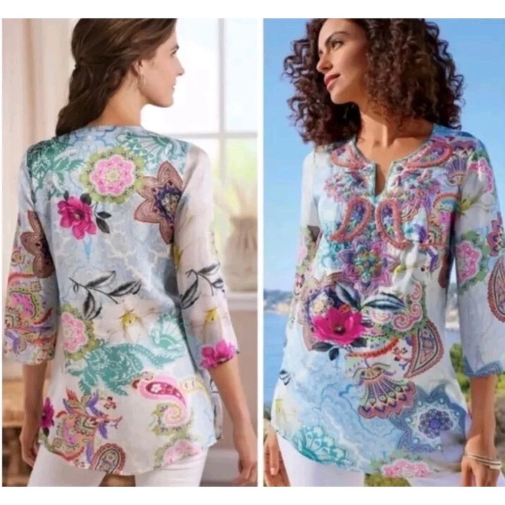 Soft Surroundings XS Floral Paisley Beaded Tunic Top Blue Pink 3/4 Sleeve Boho
